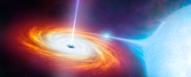 An illustration of a black hole consuming a blue giant star.