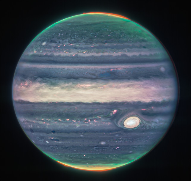 A close up of Jupiter and its auroras taken by the James Webb Space Telescope.