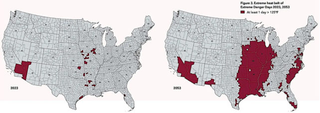 Two maps of the US showing possible extreme heat spots in 2023 and 2053.