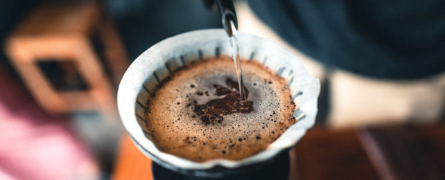 Hot water is poured over coffee grounds in a filter.