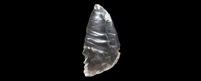 Oblong-shape, silver-coloured, translucent rare rock crystal found at Stone Age burial site