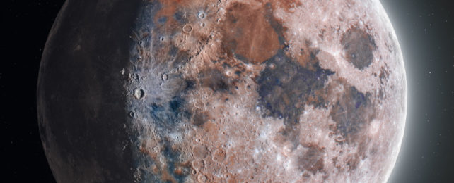 Detailed image of the Moon tinged red and gunmetal blue, with craters and on the black backdrop of space.