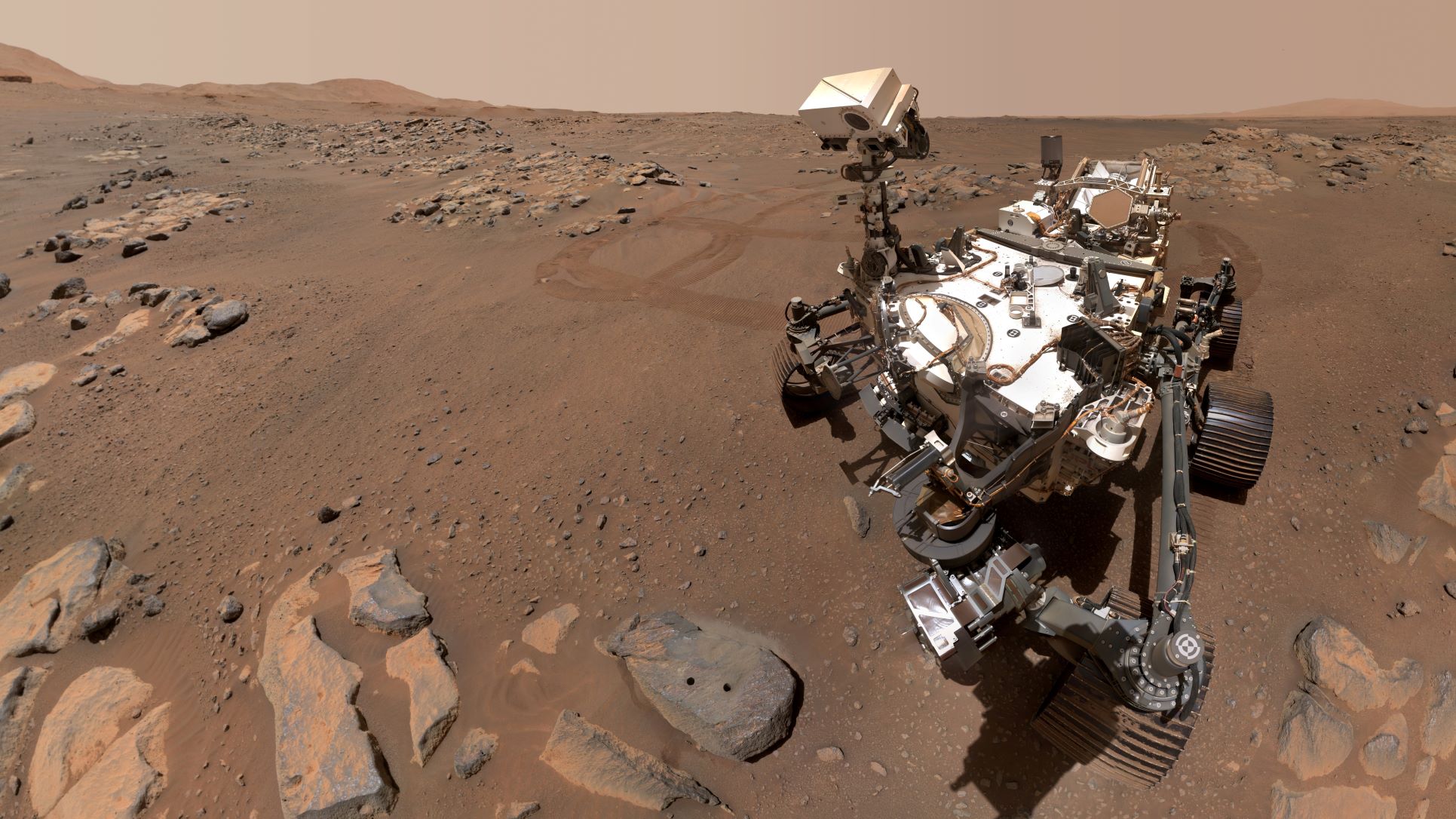 The Perseverance Mars rover on the red dusty surface of Mars taking a selfie