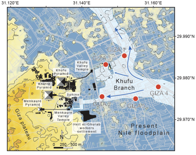 Map showing location of five sediment cores collected from Giza floodplain near pyramids