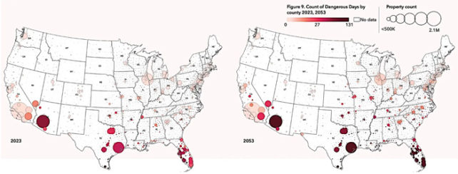 Two maps of the US show the projected days of extreme heat in 2023 and 2053.