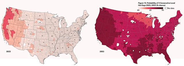 Two maps of the US show projected heat waves in 2023 and 2053.