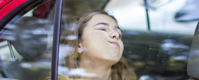 A young girl with her face pressed against a car window.