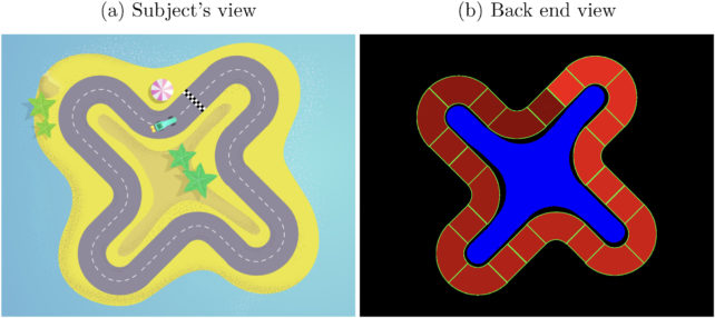 blue and yellow racing track next to red and black racing track