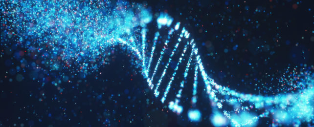 An illustration of a blue coloured, spiralling DNA helix.
