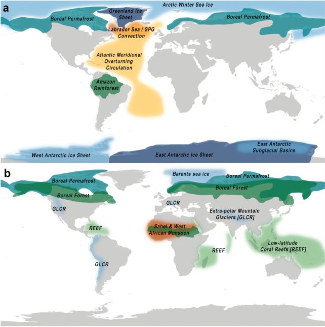 Global map showing impact regions of tipping points.