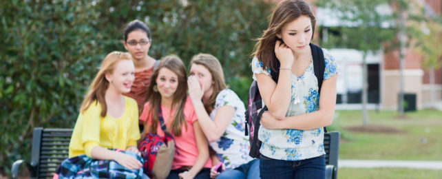 A group of girls gossip about a girl walking by them.