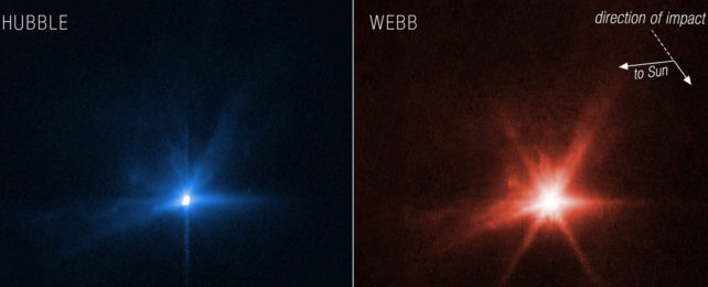 A blue burst of light on the left and red-orange burst of light on the right.