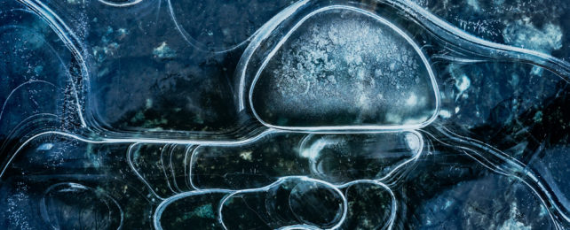 Abstract shapes under frozen lake water.