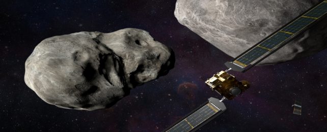 Illustration of DART in space alongside asteroids