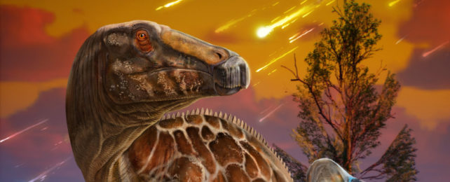 Illustration on dinosaur beneath fiery asteroids.