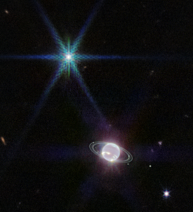 Neptunussystemet som fotograferat av rymdteleskopet James Webb.
