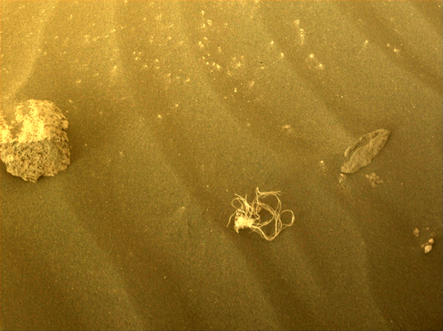 White coloured netting in a pile on the Martian surface, photographed by Perseverance.