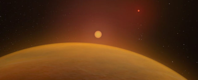 Illustration of an orange planet, with an orange and red star in background.