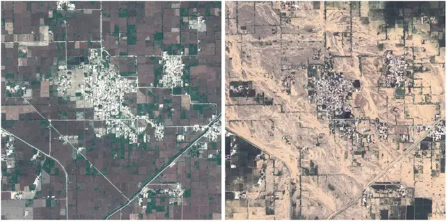 Satellite view of Rajanpur, Pakistan, before and after flooding.