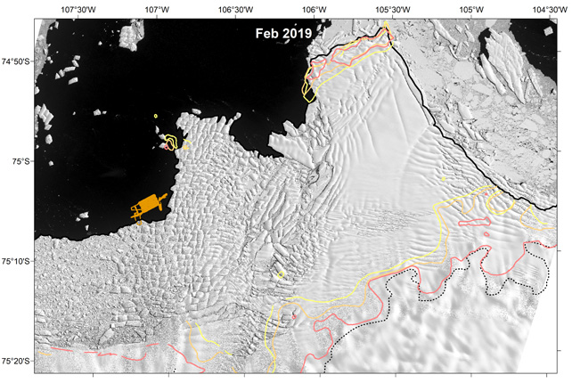 A satellite image of the Thwaites Glacier with lines to make changes in its grounding.