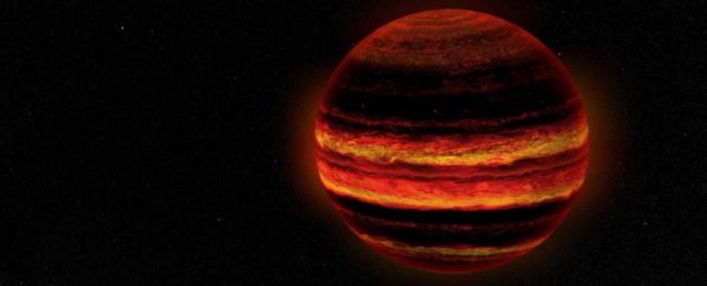 an artist's impression of a brown dwarf banded by clouds