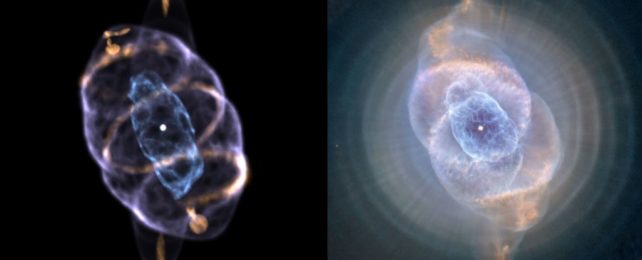 a side-by-side comparison of a 3D model of the nebula and the hubble image. the model clarifies spiral shapes wrapping around the nebula shell