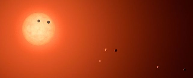 artist's impression of the trappist-1 system of seven exoplanets orbiting a red dwarf