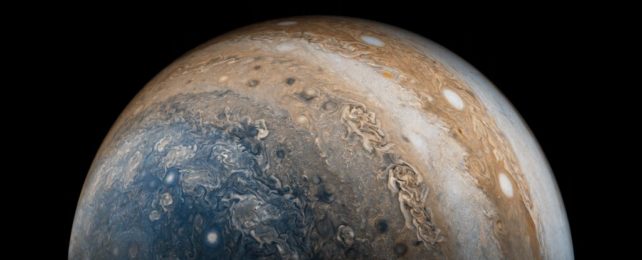 A juno image showing storms in the southern hemisphere of jupiter