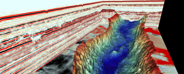 A 3D rendering of an valley carved into the ocean floor.