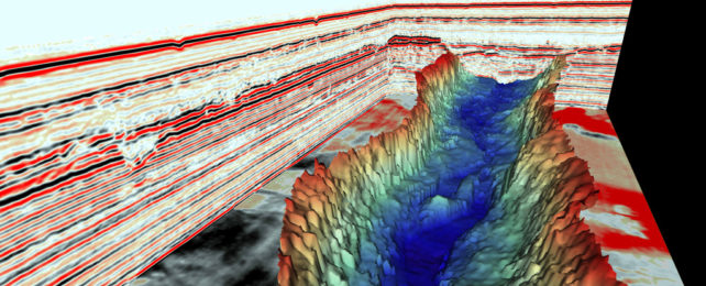 A 3D rendering of an valley carved into the ocean floor.