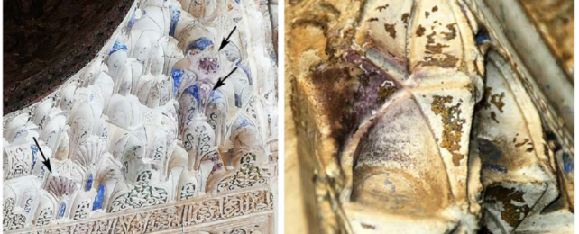 Close-up images of the Alhambra's white-plastered, gilded walls showing purple discoloration.