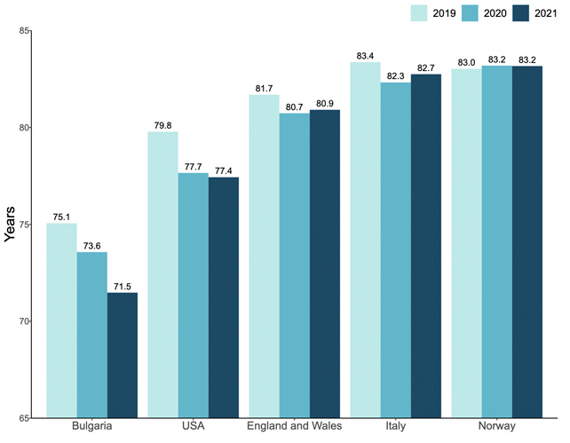 A comparison bar chart showing the life expectancies for multiple countries in 2019, 2020, and 2021.