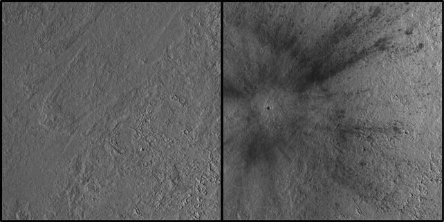Изображения до и после места падения на равнине Амазонки на Марсе.