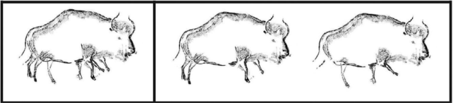 A black and white illustration of an eight-legged bison drawn in Chauvet Cave, France, showing split-motion images overlaid to capture moving limbs.