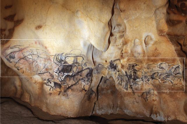 A 10-metre-long cave painting of horses, bison and cave lions, illuminated by light.