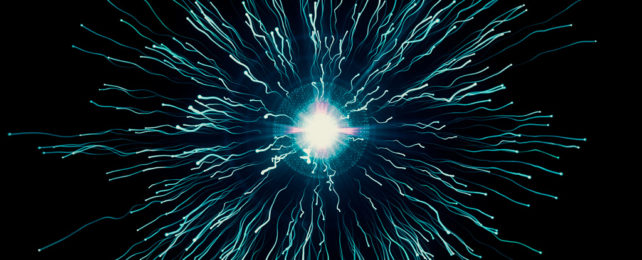 An illustration of a particle explosion, with a bright center.