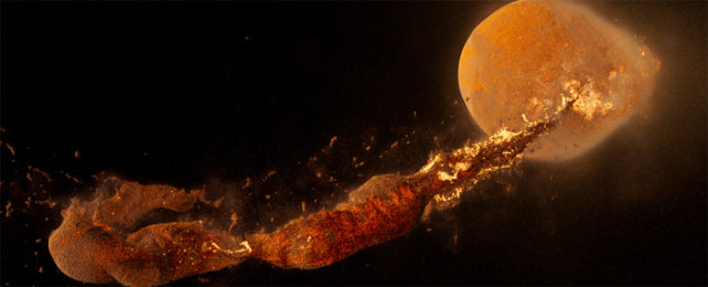 An illustration of a cosmic collision and its planetary dust.