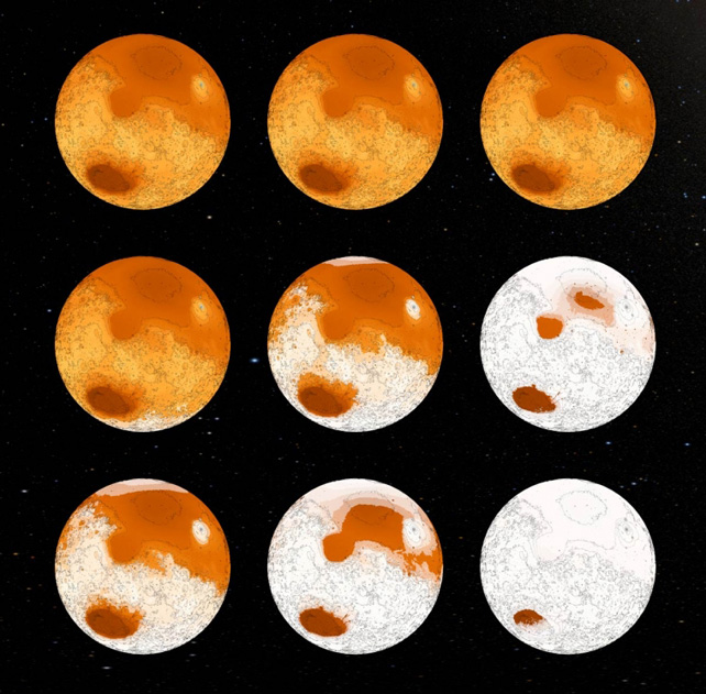 Een illustratie toont de evolutie van de ijsbedekking op Mars.