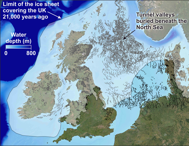 A map shows the United Kingdom and the North Sea, with lines denoting ocean valleys.