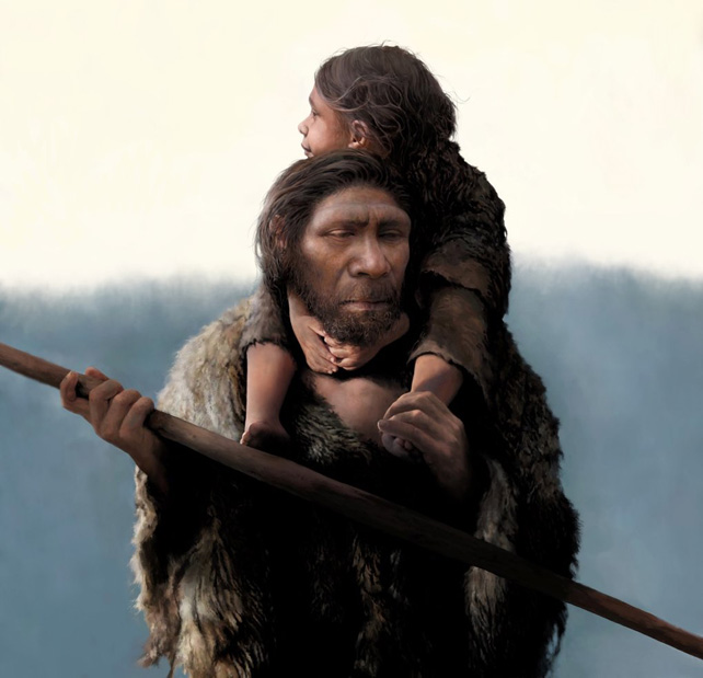 A Neanderthal Man carries a spear while his daughter rides on his shoulders.