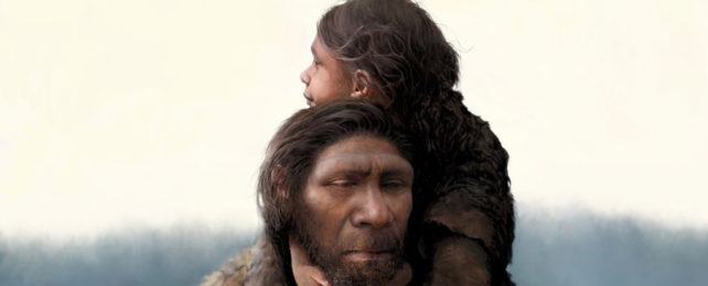 An artist's illustration of a Neanderthal girl sitting on her father's shoulders.