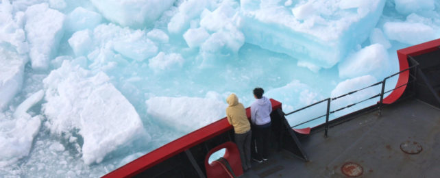 Two scientists aboard a ship looking over balustrade at sea ice.