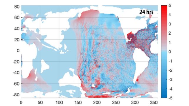 Modeled disturbance of sea surface height by tsunami