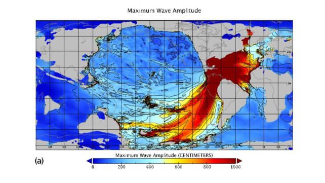 Diagrama que muestra la amplitud de una ola de tsunami