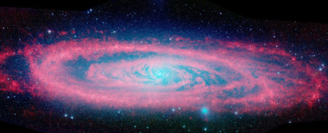 Andromeda as a red spiral galaxy with a blue dot at its center.