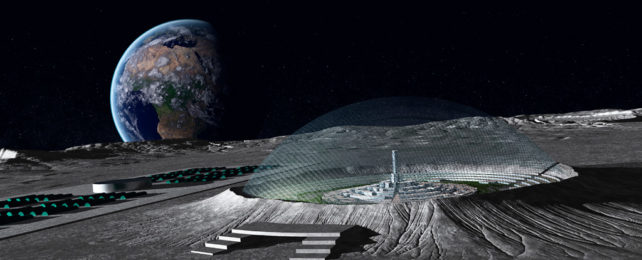 An illustration shows a domed Moon colony while Earth is visible in the sky.