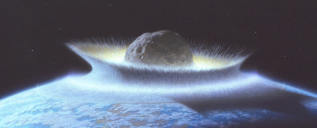 Illustration showing the impact of an asteroid hitting Earth's surface.