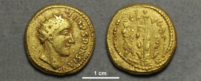 Two sides of wonky gold coin with one depicting crowned bust