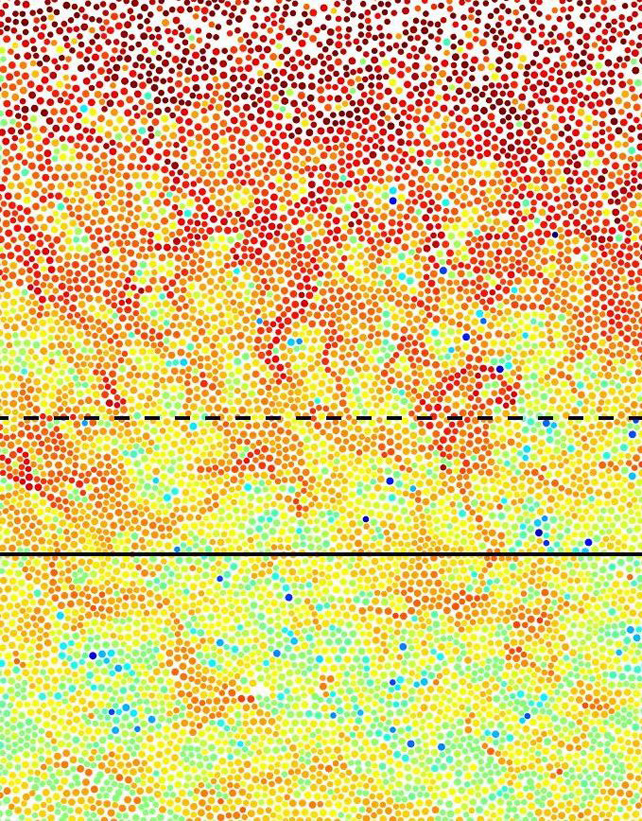 An arrangement of dots that illustrate the surface melting of glass.