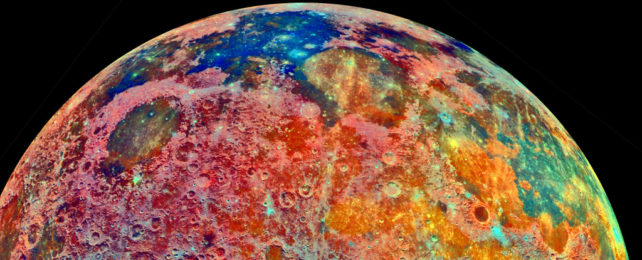 A false color mosaic of the Moon.